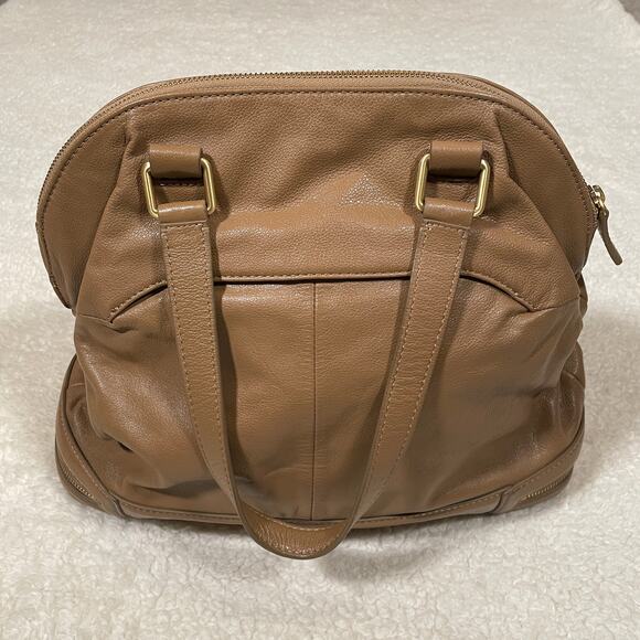 Talbots Tan Leather Satchel Handbag Large Pebbled Multi Zip Compartments NWOT - Picture 4 of 11